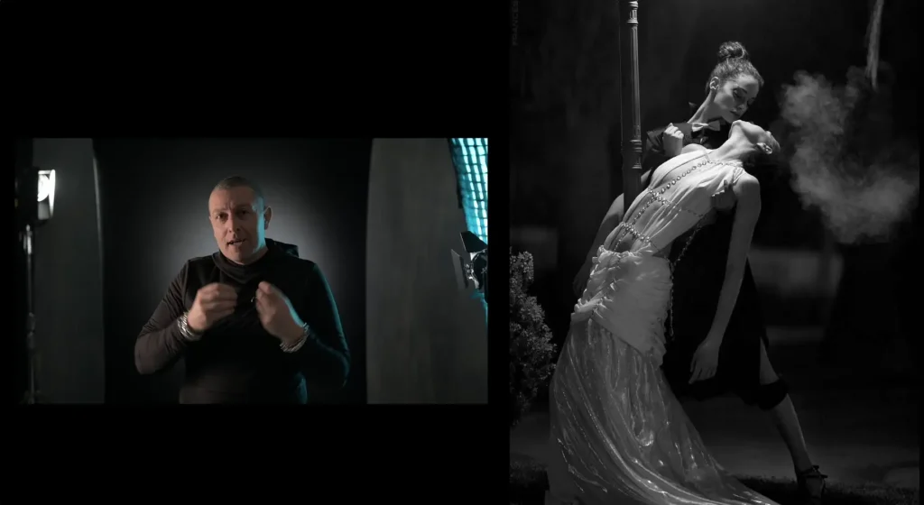Francesco Francia spiega durante un video corso di fotografia, con una foto artistica in bianco e nero di due modelle