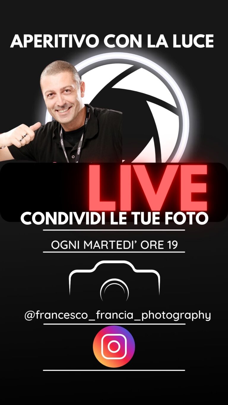 Aperitivo con la luce: Ogni martedì alle 19, un appuntamento live su Instagram con Francesco Francia. Analisi foto, ospiti speciali e consigli tecnici per migliorare la tua fotografia. Iscriviti e partecipa anche tu.