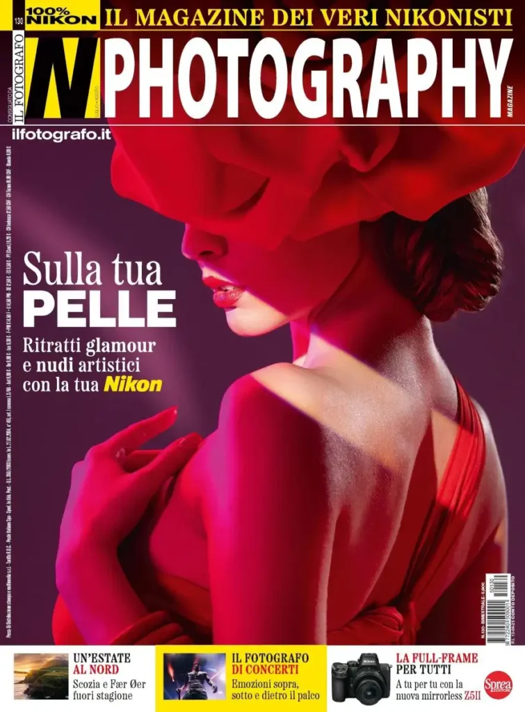 Copertina della rivista NPhotography n. 130 anno 2025 con una foto beauty di Francesco Francia in cui una ragazza indossa un cappello a forma di rosa rossa con una lama di luce che attraversa in diagonale il volto. Uno schema luci per la fotografia di moda realizzato da Francesco Francia autore della cover a cui la rivista Il fotografo magazine ha dedicato 12 pagine di intervista per parlare della sua carriera dell'insegnamento della luce in fotografia e del sua rapporto con la luce