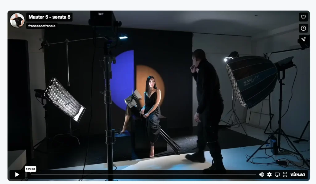 Modella sul set fotografico per moda fashion con luci colorate di Francesco Francia fotografo e docente di illuminotecnica e schemi luce - lighting setuo gestione della luce in fotografia 