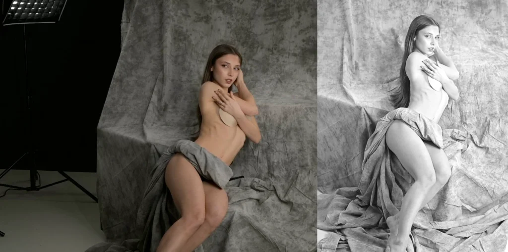 modella di nude art durante il backstage di un set in diretta di Francesco Francia