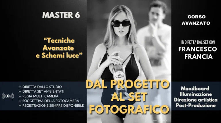 Impara a costruire un progetto fotografico completo: dal moodboard alla luce, dal set alla presentazione finale. Corso online con Francesco Francia, 7 incontri, special guest internazionali. Metodo applicabile a moda, ritratto, nudo, pubblicità.
