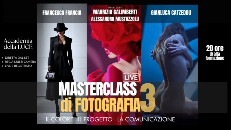 Una masterclass online di alto profilo dedicata alla fotografia a colori al livello più avanzato. Nove lezioni in diretta dal set per padroneggiare schemi luce complessi, gestire il colore come strumento narrativo, sviluppare uno stile personale riconoscibile e costruire una presenza professionale sui social. Con la partecipazione di quattro specialist di fama nazionale e internazionale, sessioni di editing avanzato, feedback personalizzato sui lavori e materiale didattico sempre disponibile.