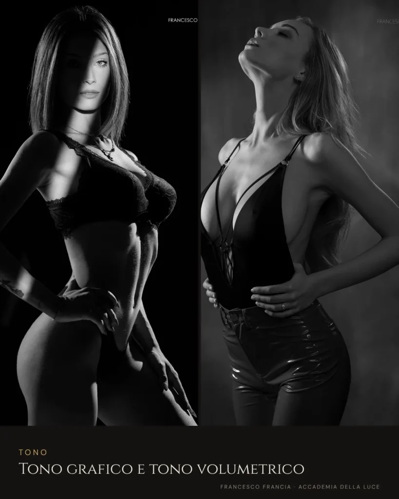 due modelle illuminate con luce evocativa in bianco e nero da Francesco Francia elementi di comunicazione visiva in fotografia corso di comunicazione visiva di Francesco Francia fotografo professionista